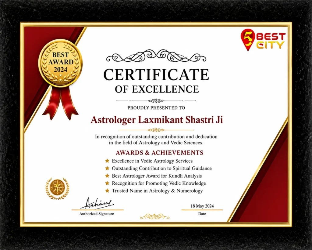 Best Award 2024 Certificate of Excellence presented to Astrologer Laxmikant Shastri Ji for outstanding contribution in Vedic Astrology, Spiritual Guidance and Kundli Analysis.