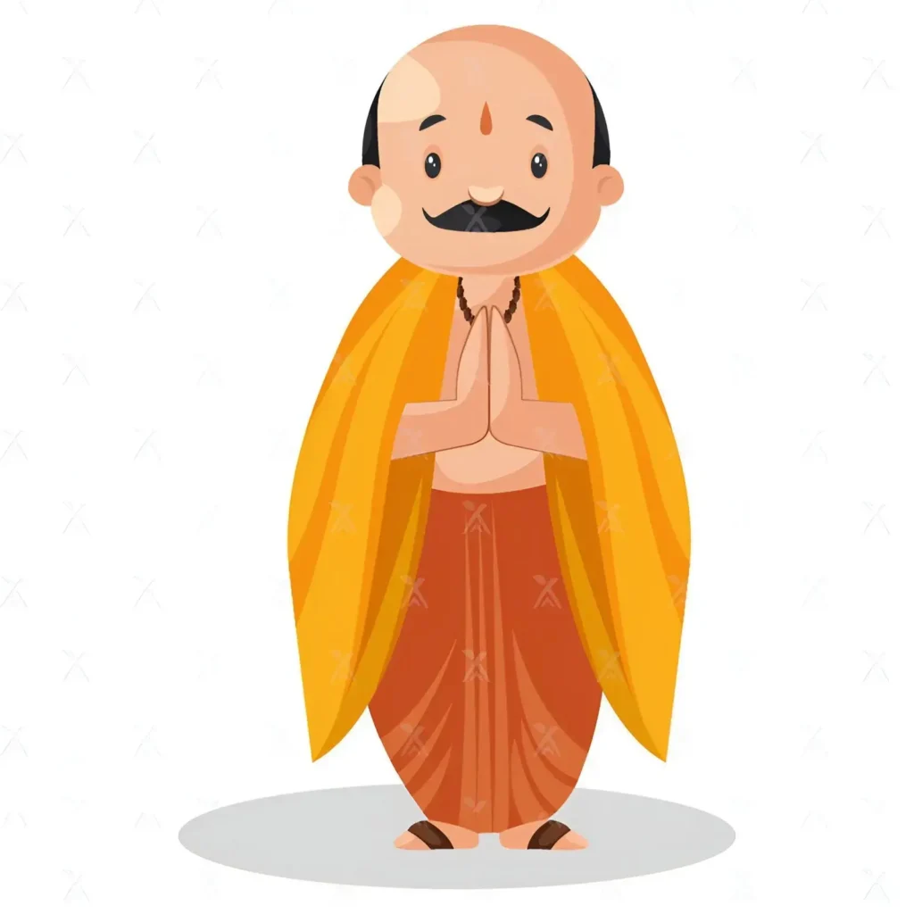 Cartoon illustration of Pandit Ji welcoming visitors to Astrologer Laxmikant Shastri's official website for Vedic Astrology and Love Problem Solution.